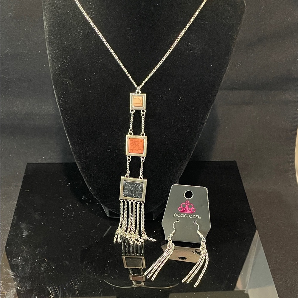 Paparazzi Silver Necklace with Multicolor Square Pendants & Matching Earrings